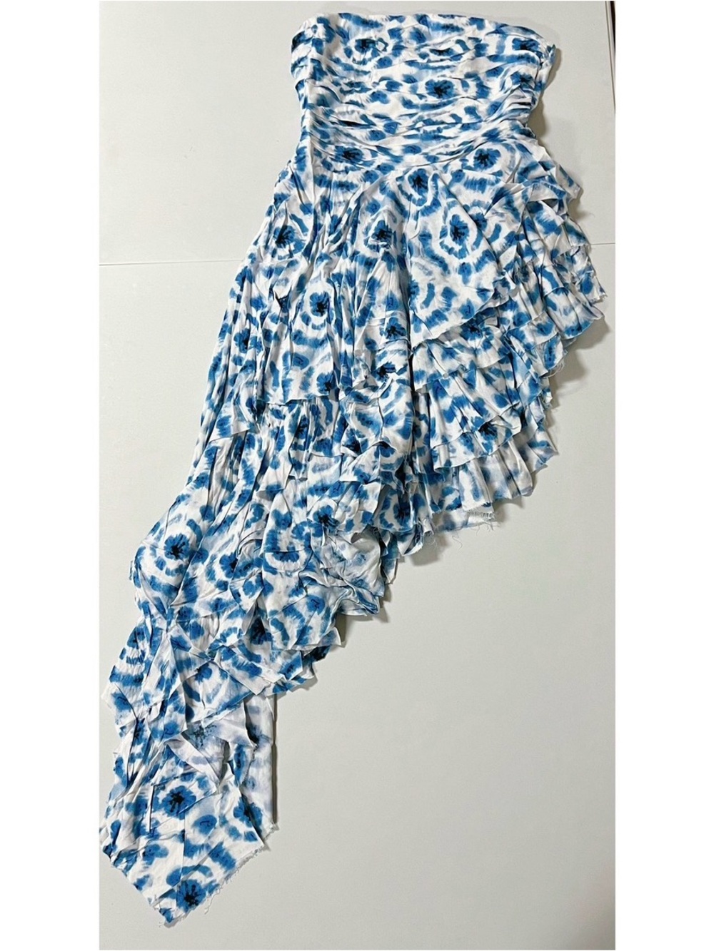 Blue Geometric Print Ruched Ruffle Asymmetrical High-Low Maxi Dress Size S 🤍💙✨